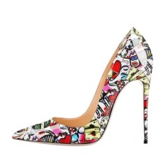 Pointed Toe Stiletto Heels Card Games Print Pumps - Multicolor Patent
