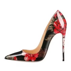 Pointed Toe Stiletto Heels Red Rose Print Pumps - Black Patent