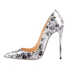 Pointed Toe Stiletto Heels Flower Print Pumps - White Patent