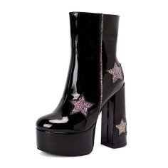Round Toe Side Zipper Glitters Stars Ankle highs Platforms Chunky Heels Boots - Black Patent