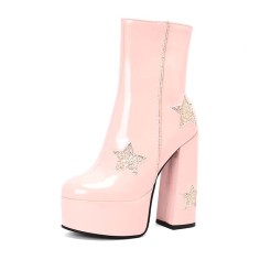 Round Toe Side Zipper Glitters Stars Ankle highs Platforms Chunky Heels Boots - Pink Patent