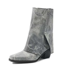 Pointed Toe Flip Up Western Styile Plush Lining Knee High Chunky Heels Boots - Gray Denim