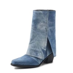 Pointed Toe Flip Up Western Styile Plush Lining Knee High Chunky Heels Boots - SkyBlue Denim