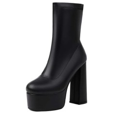 Round Toe Chunky Heels Platforms Pull On Ankle Highs Boots - Black Faux Leather