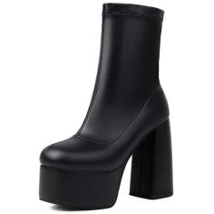 Round Toe Chunky Heels Platforms Pull On Ankle Highs Boots - Black Faux Leather