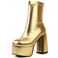 Round Toe Chunky Heels Platforms Pull On Ankle Highs Boots - Gold Faux Leather