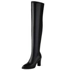 Pointed Toe Chunky Heels Zipper Over The Knee Thigh High Boots - Black Faux Leather