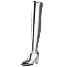 Pointed Toe Chunky Heels Zipper Over The Knee Thigh High Boots - Silver Faux Leather