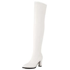 Pointed Toe Chunky Heels Zipper Over The Knee Thigh High Boots - White Faux Leather
