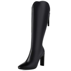 Pointed Toe Chunky Heels Back Zipper Knee Highs Boots - Black Faux Leather