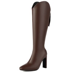 Pointed Toe Chunky Heels Back Zipper Knee Highs Boots - Brown Faux Leather