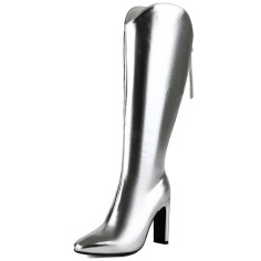Pointed Toe Chunky Heels Back Zipper Knee Highs Boots - Silver Faux Leather