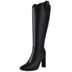 Pointed Toe Chunky Heels Side Zipper Knee Highs Boots - Black Faux Leather