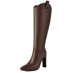 Pointed Toe Chunky Heels Side Zipper Knee Highs Boots - Brown Faux Leather
