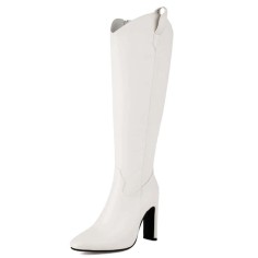 Pointed Toe Chunky Heels Side Zipper Knee Highs Boots - White Faux Leather