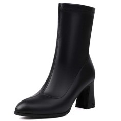 Pointed Toe Chunky Heels Pull On Ankle Highs Boots - Black Faux Leather