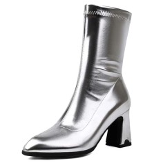 Pointed Toe Chunky Heels Pull On Ankle Highs Boots - Silver Faux Leather