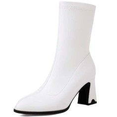 Pointed Toe Chunky Heels Pull On Ankle Highs Boots - White Faux Leather