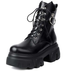 Round Toe Chunky Heels Platforms Lace Up Side Zipper Ankle Highs Boots - Black Faux Leather