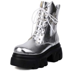 Round Toe Chunky Heels Platforms Lace Up Side Zipper Ankle Highs Boots - Silver Faux Leather