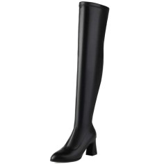 Pointed Toe Chunky Heels Zipper Over The Knee Thigh High Boots - Black Faux Leather