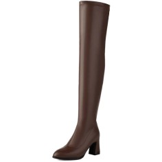Pointed Toe Chunky Heels Zipper Over The Knee Thigh High Boots - Brown Faux Leather