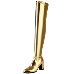 Pointed Toe Chunky Heels Zipper Over The Knee Thigh High Boots - Gold Faux Leather