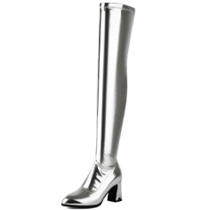 Pointed Toe Chunky Heels Zipper Over The Knee Thigh High Boots - Silver Faux Leather
