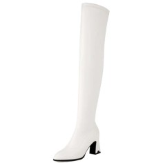 Pointed Toe Chunky Heels Zipper Over The Knee Thigh High Boots - White Faux Leather