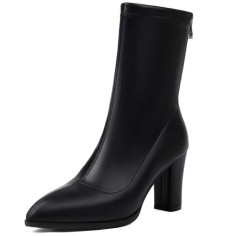 Pointed Toe Chunky Heels Back Zipper Ankle Highs Boots - Black Faux Leather