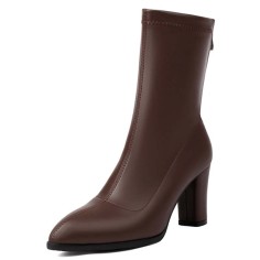 Pointed Toe Chunky Heels Back Zipper Ankle Highs Boots - Brown Faux Leather