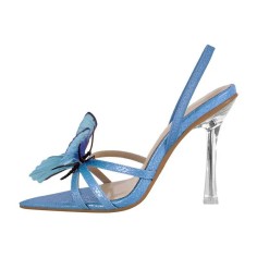 Pointed Toe Butterfly-knot Transparent Stilettos Slingback Summer Sandals - Blue Patent