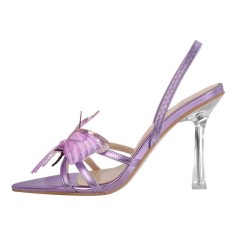 Pointed Toe Butterfly-knot Transparent Stilettos Slingback Summer Sandals - Purple Patent