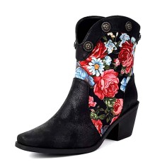Pointed Toe Ankle Highs Flower Decorated Western Cowboy Style Chunky Heels Boots - Black Flock