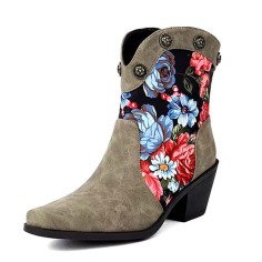 Pointed Toe Ankle Highs Flower Decorated Western Cowboy Style Chunky Heels Boots - Khaki Flock