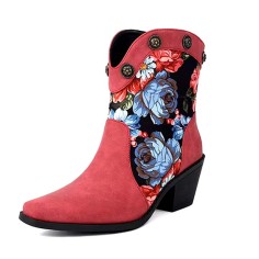 Pointed Toe Ankle Highs Flower Decorated Western Cowboy Style Chunky Heels Boots - Red Flock