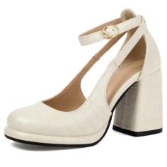 Round Toe Chunky Heels Crocodile Pattern Ankle Buckle Straps Pumps - Beige Faux Leather