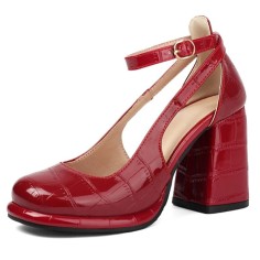 Round Toe Chunky Heels Crocodile Pattern Ankle Buckle Straps Pumps - Red Faux Leather