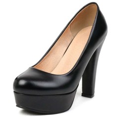 Round Toe Block Cuban Heels Low Platforms Pastel Pumps - Black Faux Leather