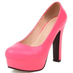 Round Toe Block Cuban Heels Low Platforms Pastel Pumps - Pink Faux Leather