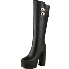 Square Toe Platforms Chunky Heels Knee Highs Crocodile Prints Double Straps Boots - Black Faux Leather