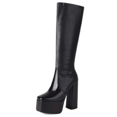Square Toe Platforms Chunky Heels Knee Highs Snake Prints Boots - Black Faux Leather