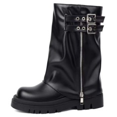 Round Toe Turned Over Side Zipper Buckle Straps Punk Boots - Black Faux Leather