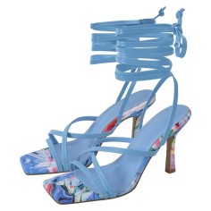 Square Open Toe Ankle Gladiator Straps Colorful Stilettos Summer Sandals - Blue Faux Leather