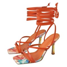 Square Open Toe Ankle Gladiator Straps Colorful Stilettos Summer Sandals - Orange Faux Leather