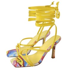 Square Open Toe Ankle Gladiator Straps Colorful Stilettos Summer Sandals - Yellow Faux Leather