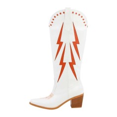 Pointed Toe Knee Highs Chunky Heels Orange Thunder Pull On Cowboy Boots - White Faux Leather