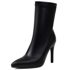 Pointed Toe Stiletto Heels Pull On Ankle Highs Boots - Black Faux Leather