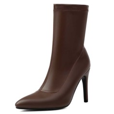 Pointed Toe Stiletto Heels Pull On Ankle Highs Boots - Brown Faux Leather