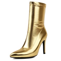 Pointed Toe Stiletto Heels Pull On Ankle Highs Boots - Gold Faux Leather